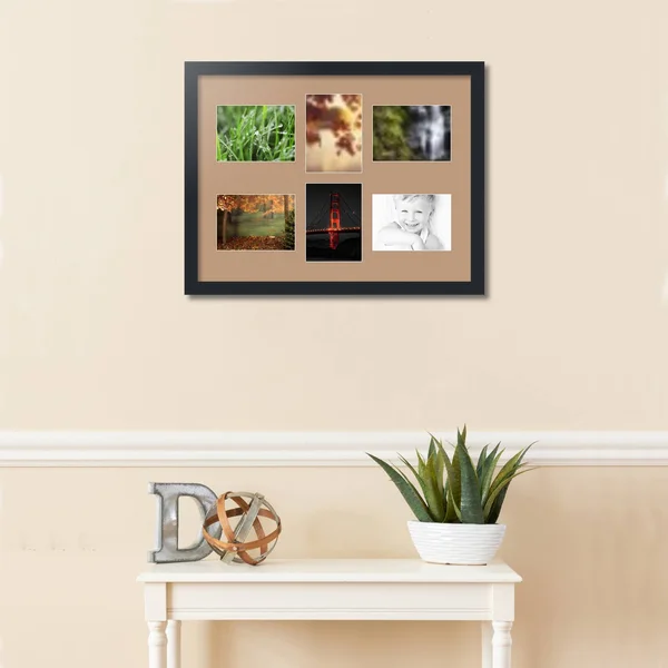 Collage Picture Frame, Satin Black Frame with 6 openings for 5x7 Photos with Brown Desert Sand Mat. D3926DZ473, ArtToFrames