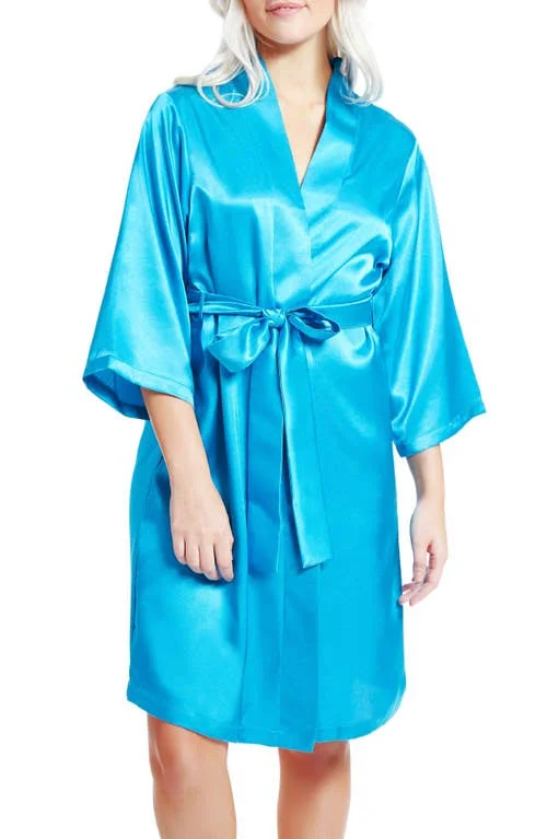iCollection Long Sleeve Satin Robe, Size Medium in Teal at Nordstrom