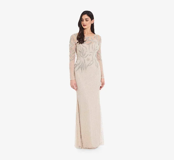 Adrianna Papell Floral Beaded Dress with Sheer Long Sleeves - Biscotti, Size: 20