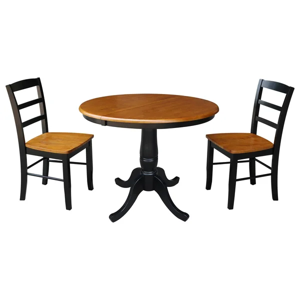 International Concepts 36x22 Round Top Pedestal EXT Table with 12x22 Leaf and 2 RTA Madrid Chairs - Black/Cherry