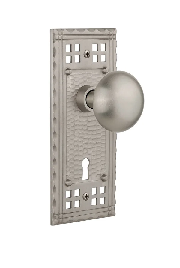 Nostalgic Warehouse 710145 New York Passage Door Knob with Craftsman Plate Satin Nickel