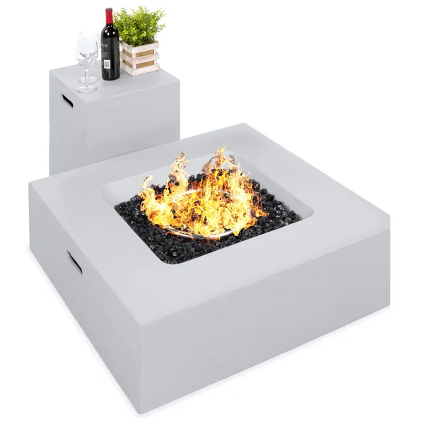 Best Choice Products 35x35in 40, 000 BTU Outdoor Square Propane Fire Pit Table with Side Table Tank Storage, Cover - Gray