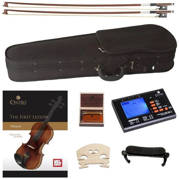 Cecilio CVN-300 Ebony Fitted Solid Wood Violin with D&Addario Prelude Strings, Size 1/2
