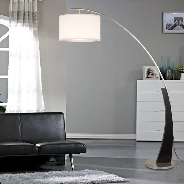 Q-Max Arched Floor Lamp with White Drum Shade - Black Wood Pole, and Metal Base