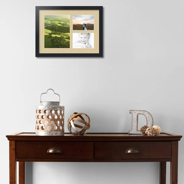 Collage Picture Frame - Satin Black Frame with 3 openings for 5x7 Photos with Green Whisper Mat. D3926GI480, ArtToFrames