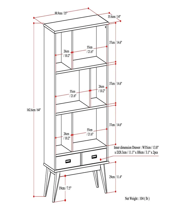 Simpli Home Draper 6 Cubby Bookcase - Teak Brown