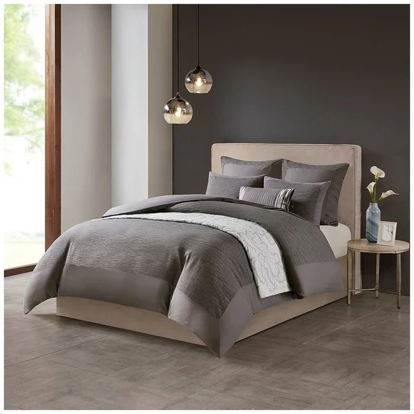 N Natori Hanae Cotton Blend Yarn Dyed 3 Piece Comforter Set Grey King