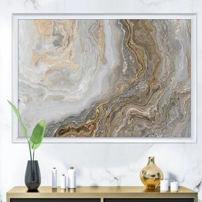 White Marble with Curley Gray and Gold Veins - Wrapped Canvas Painting Print Gold Flamingo Size: 12x22 H x 20x22 W x 1x22 D, For