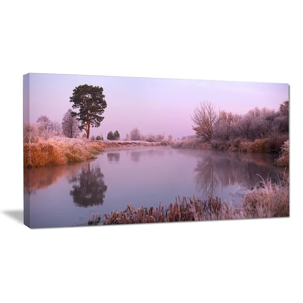 Design Art Misty Autumn Sunrise Over River - Landscape Print Wall Artwork - Yellow - 60 in. Wide x 28 in. High