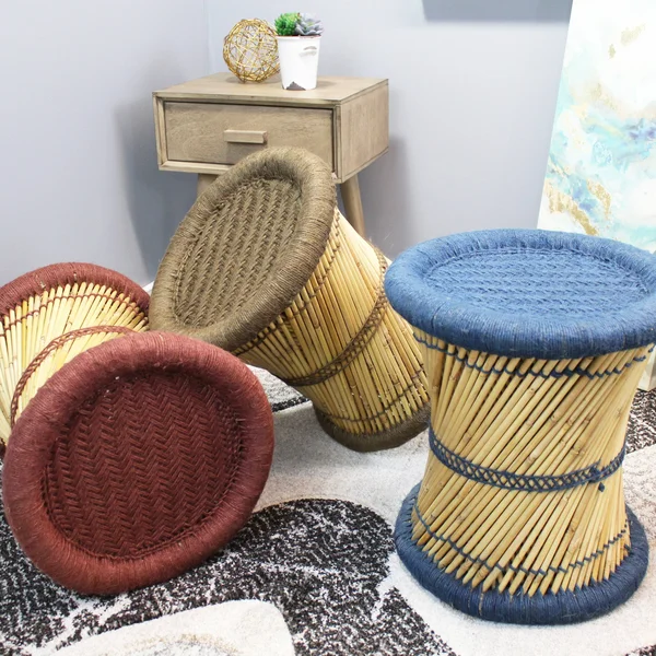 Natural Geo Moray Decorative Handwoven Jute Stool in Blue (Set of 2)