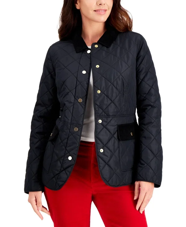 Charter Club Quilted Corduroy-Trim Jacket - Created for Macy&s - Deep Black