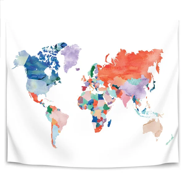 Americanflat - Watercolor World Map by Elena David - 88x22x104x22 Wall Tapestry