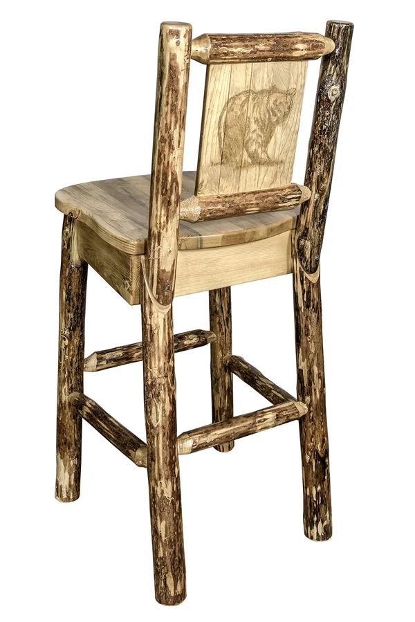 Montana Woodworks MWGCBSWNRLZBEAR Glacier Country Back Barstool with Laser Engraved Bear Design