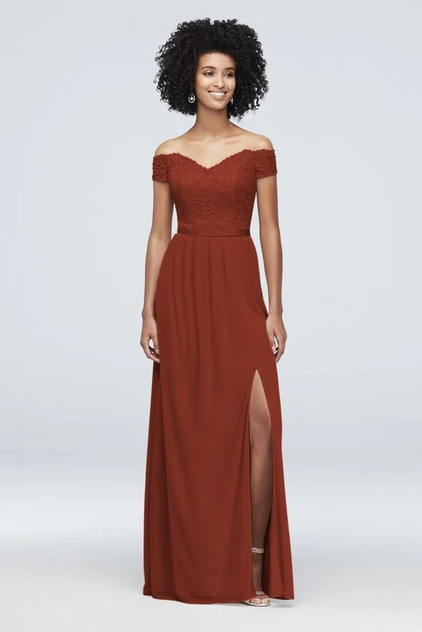 Off-The-Shoulder Lace and Mesh Bridesmaid Dress - Cinnamon (Brown) - 24