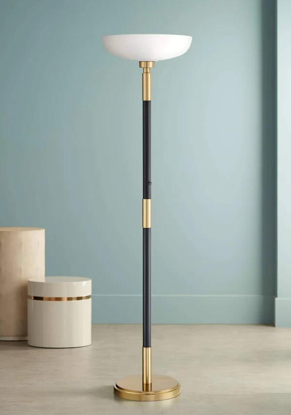 Possini Euro Design Cameron Light Blaster Modern Torchiere Floor Lamp LED Antique Brass and Matte Black Opal Glass Bowl for Livi