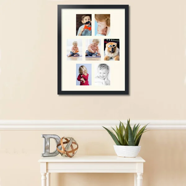 Collage Picture Frame - Satin Black Frame with 7 openings for 5x7 Photos with Ivory Off White Mat. D3926FZ2226, ArtToFrames