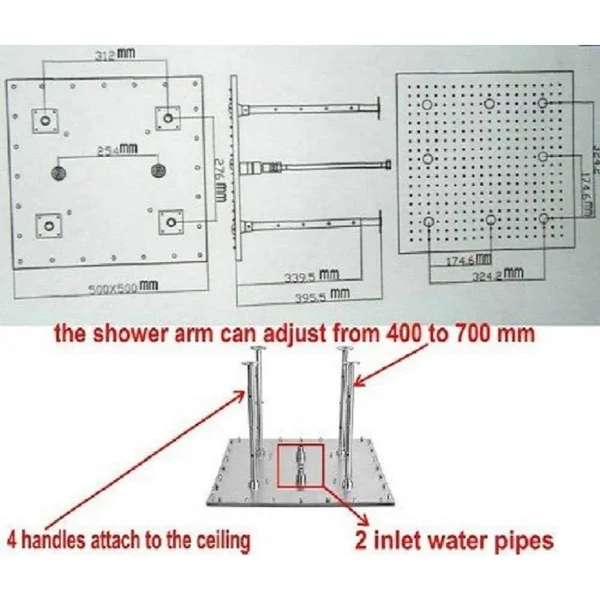 12x22x24x22 Rainfall LED Shower Set Double-Function Valve - Brass Handheld Shower Brushed Stainless Steel, 12 x 24 x 0.4 inches