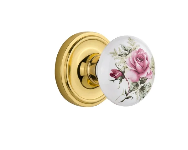 Nostalgic Warehouse 708477 Classic Rosette Passage White Rose Porcelain Door Knob, Unlacquered Brass