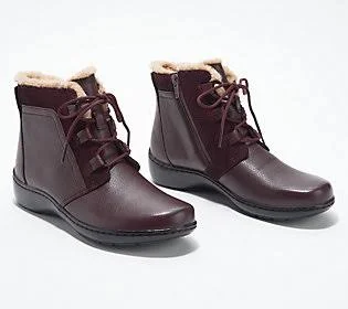 Clarks Collection Warm Lined Leather Boots - Cora Chai - Size 8-1/2 Wide, Burgundy