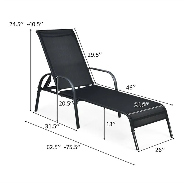 2 Pcs Outdoor Patio Lounge Chair Chaise Fabric with Adjustable Reclining Armrest - 75.5x22 x 26’’ x 24.5x22 (L x W x H) - Black