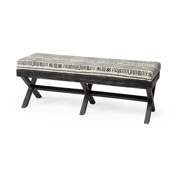 Solis 50L x 16W Brown Base Upholstered Beige/Black Stripe Seat Accent Bench
