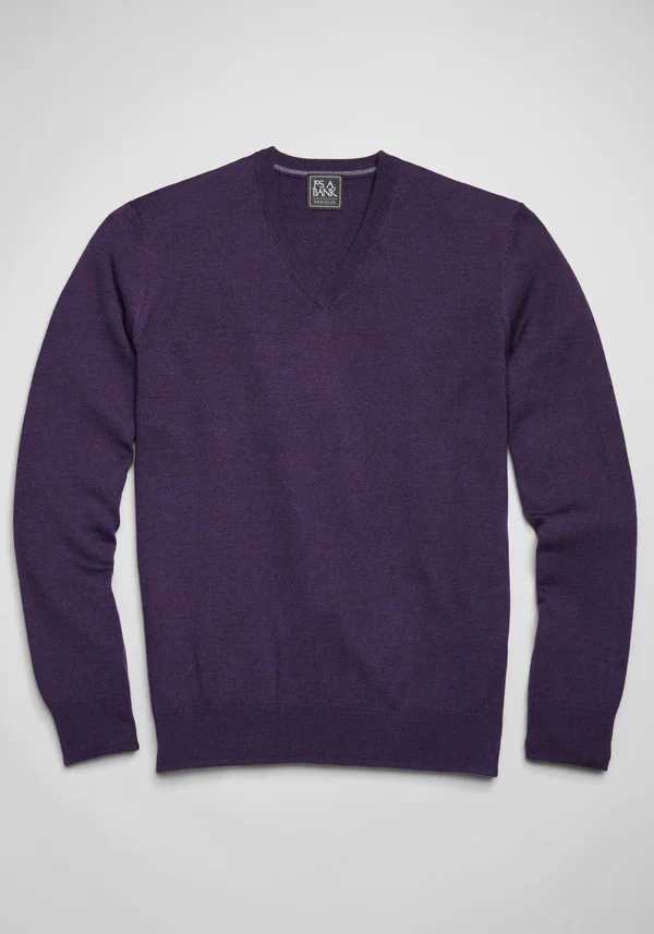 JoS. A. Bank Men's Traveler Collection Tailored Fit Merino Wool V-Neck Sweater, Purple, Large