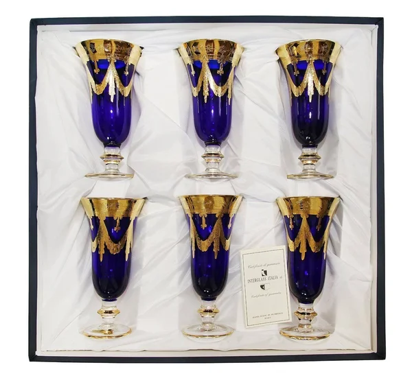 Interglass Italy Set of 6 Crystal Glasses - 24K Gold-Plated (Champagne Flutes, Blue)