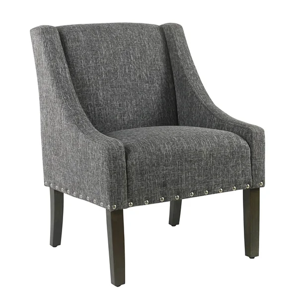 Benzara BM194076 Fabric Upholstered Wooden Accent Chair with Swooping Arms and Nail Head TRIM - Gray and Brown