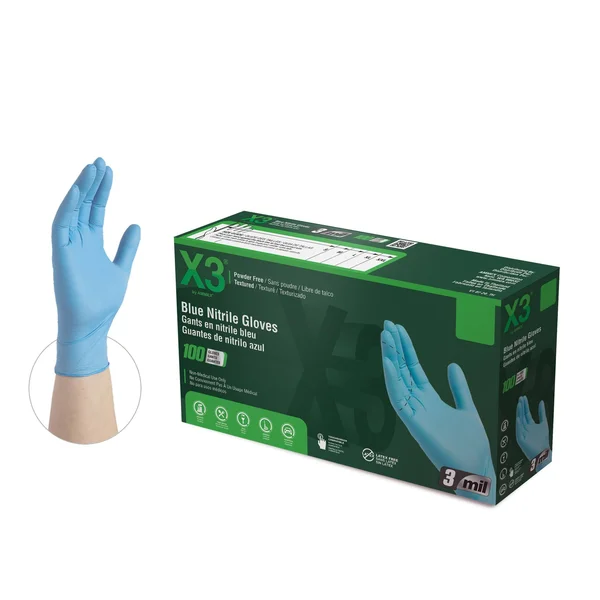 X3 Nitrile, Latex Free, Powder Free, Industrial Disposable Gloves, 2X-Large, Blue, 1000/Case