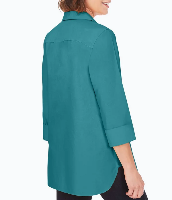 Foxcroft Pandora Solid Non-Iron Pinpoint Oxford Button Front Wing Collar Neck 34 Sleeve Tunic - Womens, 16, Autumn Ivy