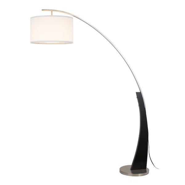 Q-Max Arched Floor Lamp with White Drum Shade - Black Wood Pole, and Metal Base