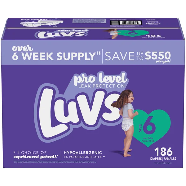 Luvs Diapers, Size 6 (Over 35 lbs), Pro Level Leak Protection - 186 diapers