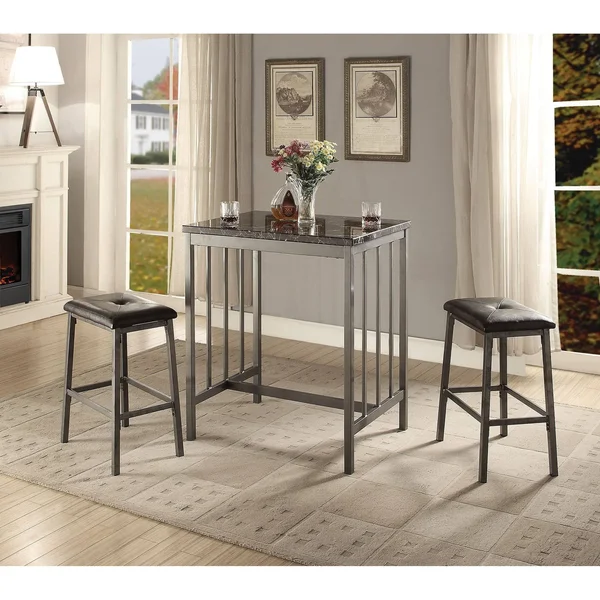 3 Piece Counter Height Set in Faux Marble Gray and Black