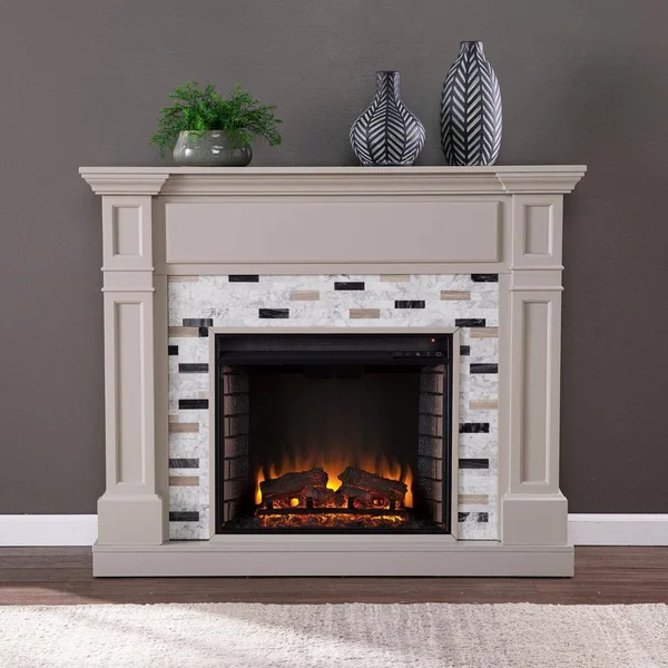 Southern Enterprises Tanderson 48 in. Electric Fireplace in Gray, Gray Finish w/ Black/ Gray/ and White Marble