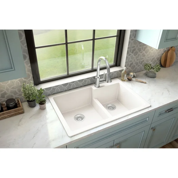 Karran 33x22 Drop In/Topmount Quartz Composite Kitchen Sink, 60/40 Double Bowl, White, QT-811-WH
