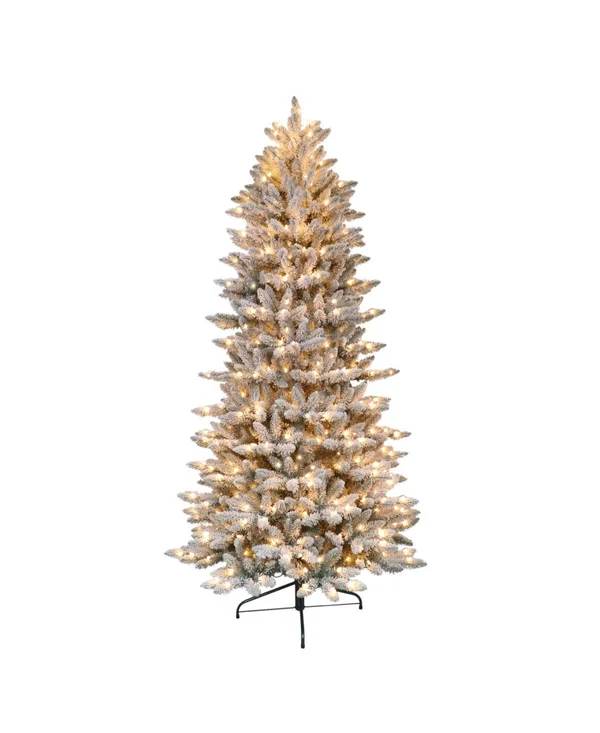 Puleo International Pre-Lit Slim Flocked Franklin Fir Christmas Tree - Green
