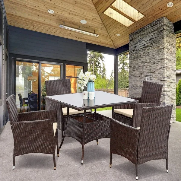 5 Piece Outdoor Patio Dining Set - Wicker Glassed Table and Cushioned Chair, Umbrella Cut Out, Brown, Size: 83