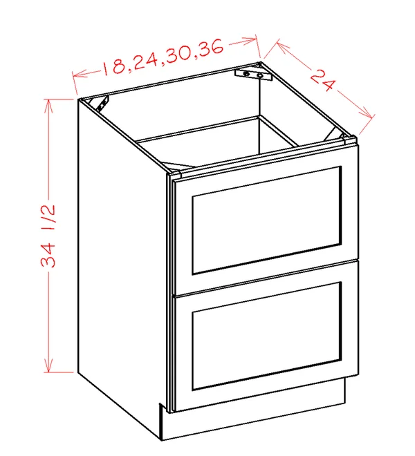 Wilora Hawthorne Shaker Cinder 24x22 x 34.5x22 x 24x22 2 Drawers Base Cabinet, Solid Birch with Veneered MDF Center Panel SC-2D