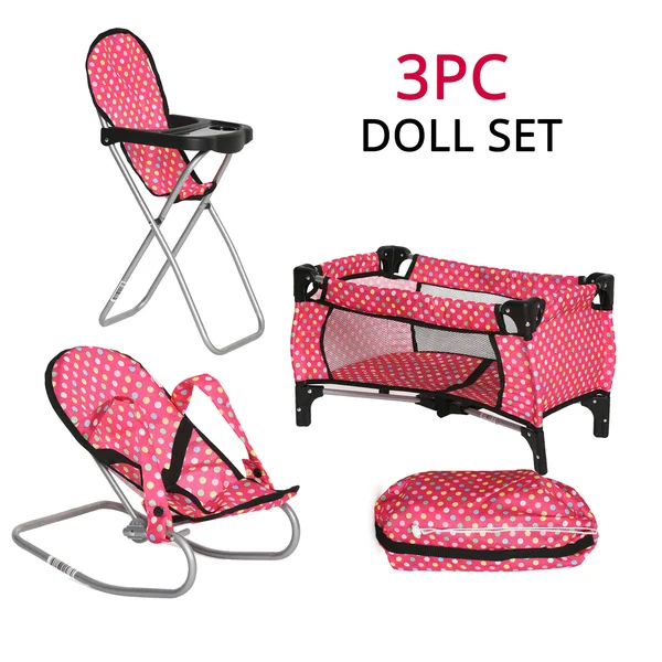 Fash N Kolor 3 Piece Doll Play Set, Includes - 1 Pack N play. 2 Doll Stroller 3.Doll High Chair. 4 Infant Seat, Fits Up to 18&&