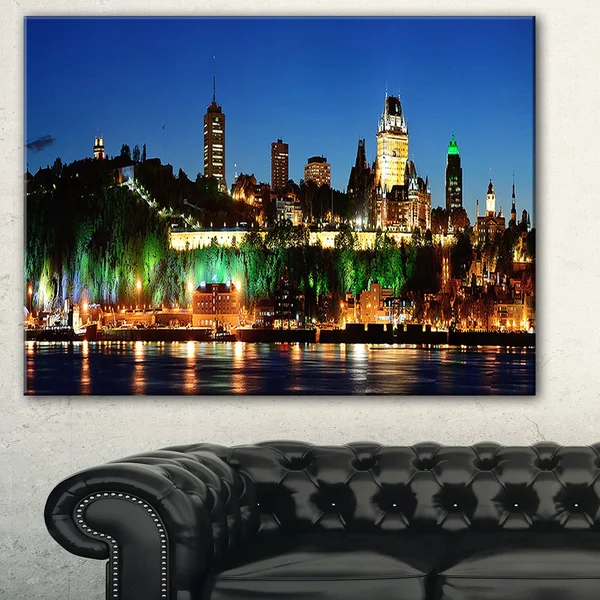 Designart 'Panoramic Quebec City at Night' Cityscape Photo Canvas Print - Blue - 20 in. Wide x 12 in. High - 1 Panel