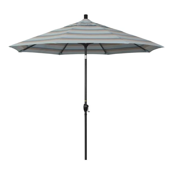 California Umbrella 9 ft. Stone Black Aluminum Push Button Tilt Crank Lift Market Patio Umbrella in Gateway Mist Sunbrella