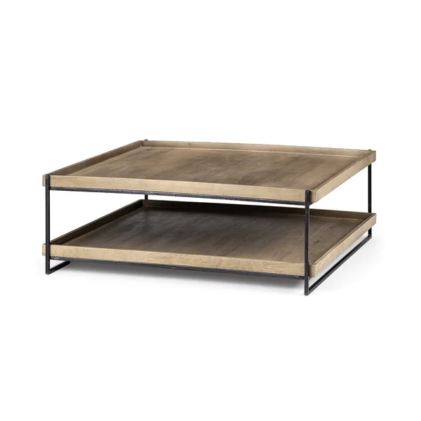 HomeRoots Rectangular Solid Wood Top Table and Black Metal Frame Two Tier Coffee Table (376289)