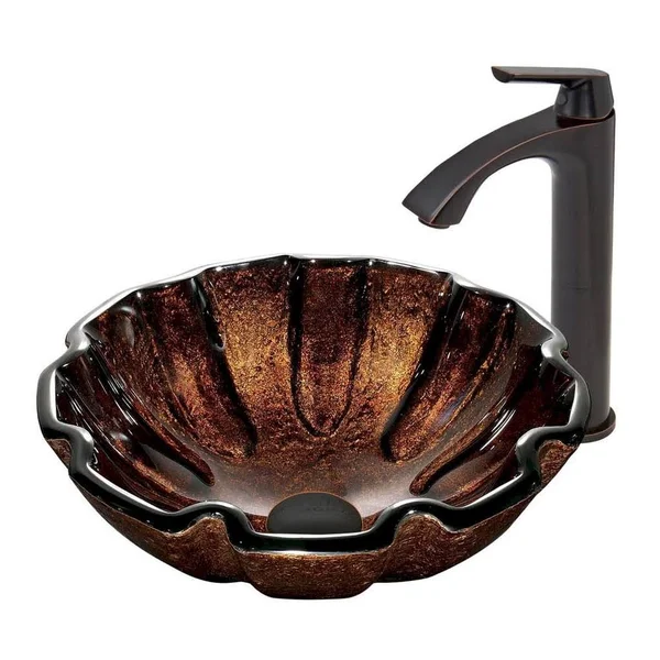 Vigo VGT421 Walnut Shell Glass Sink and Vessel Linus Faucet Set in Antique Rubbed Bronze