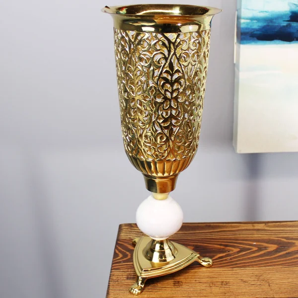 Natural Geo Brass & White Marble 14x22 Candle Lantern Vase