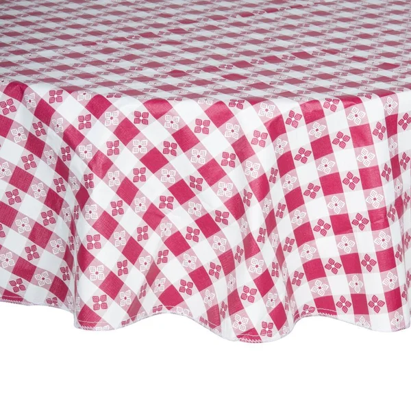 Intedge 90x22 Round Burgundy Checkered Gingham Vinyl Table Cover with Flannel Back