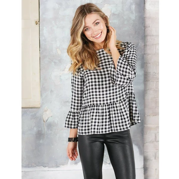 Mud Pie Womens Flora Flounce Shirt-Black and White Gingham