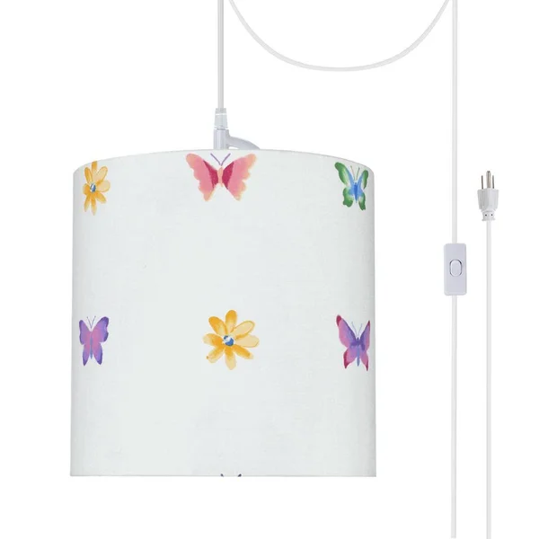 Aspen Creative 71062-21 One-Light Plug-In Swag Pendant Light Conversion Kit with Transitional Drum Fabric Lamp Shade, White, 8 i