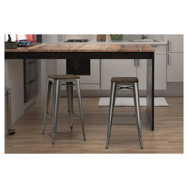 Dorel Home Products Fusion Metal Backless Bar Stools with Wood Seat - Gun Metal - 2 count