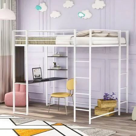 Twin Size Metal Loft Bed, Twin Size Bed with 2 Ladder and Desk, Storage Shelf, Rugged Metal Frame with Full-Length Guardrails fo