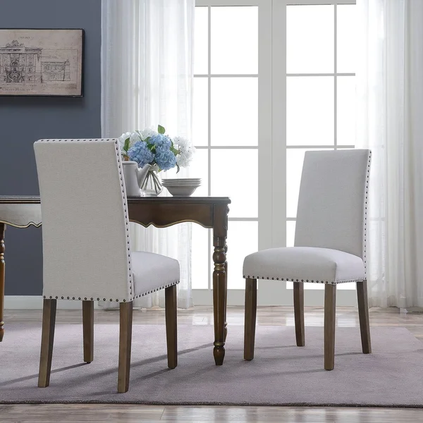BELLEZE Set of (2) Dining Chairs Linen Armless Nailhead Trim Accent Elegant Side Chair Wooden Leg, Beige